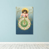 Een gelukkig nieuwjaarMeisje op een klok Canvas Afdruk (Insitu (Houten vloer))