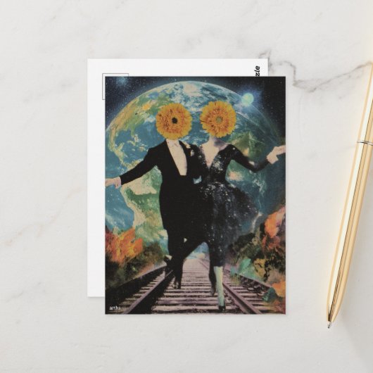 Een gelukkig paar danst surrealistische collage briefkaart (Voorkant / Achterkant in situ)