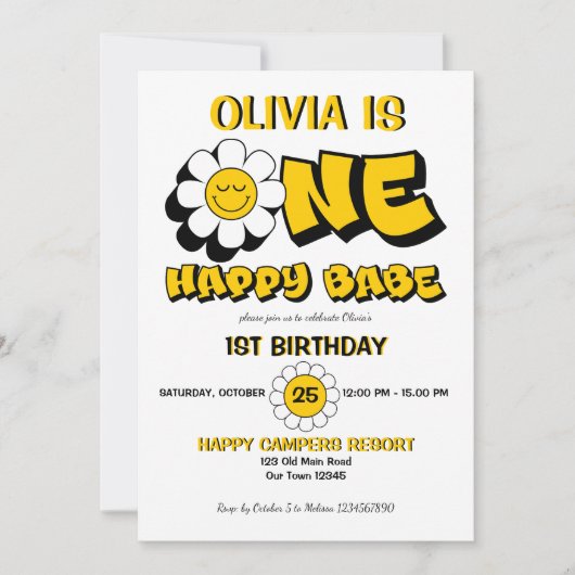 Een gelukkige babe retro daisy 1e verjaardagsfeest kaart (Voorkant)