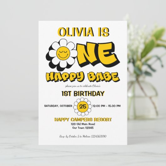 Een gelukkige babe retro daisy 1e verjaardagsfeest kaart (Staand voorkant)