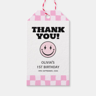 Een gelukkige babe roze geruite verjaardag cadeaulabel