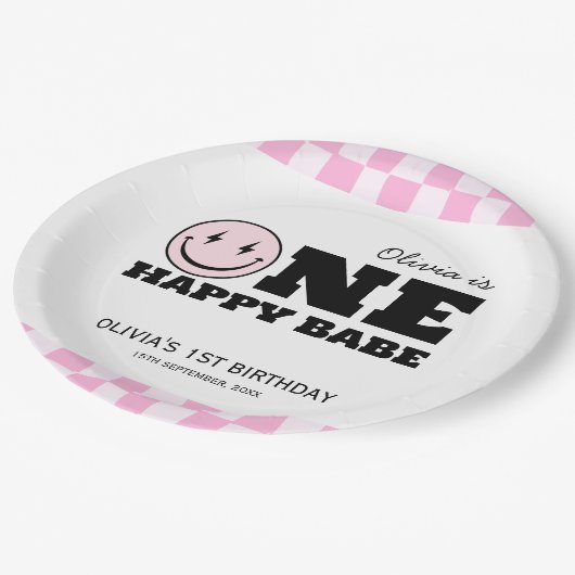 Een gelukkige babe roze geruite verjaardag papieren bordje (Gekanteld)