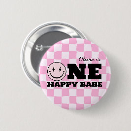 Een gelukkige babe roze geruite verjaardag ronde button 5,7 cm