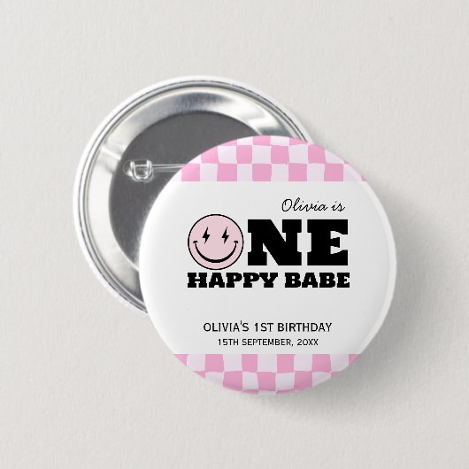Een gelukkige babe roze geruite verjaardag ronde button 5,7 cm (Voorkant /achterkant)