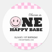 Een gelukkige babe roze geruite verjaardag ronde sticker (Voorkant)