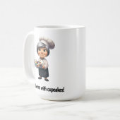 Een gelukkige banketbakker poseren voor de camera koffiemok (Voorkant links)