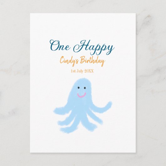 Eén gelukkige blauwe octopus onder de zee verjaard briefkaart (Voorkant)