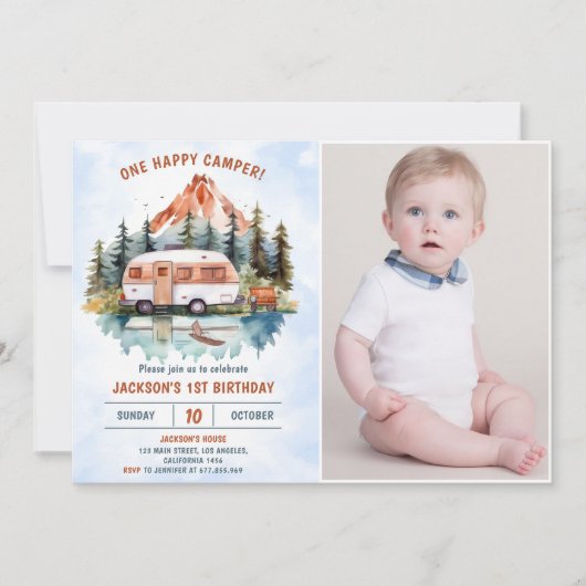 Een gelukkige Camper 1e Verjaardag Camping Foto Kaart (Voorkant)