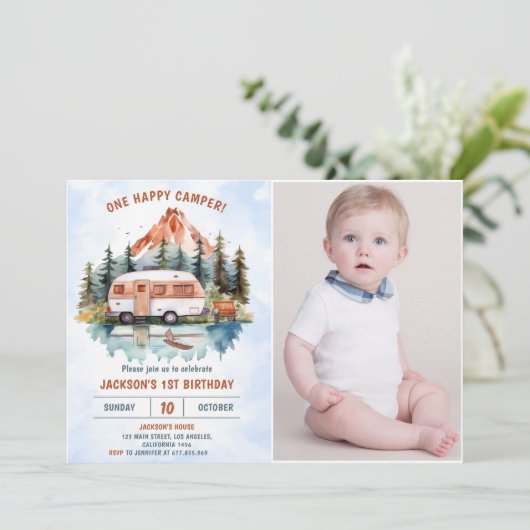 Een gelukkige Camper 1e Verjaardag Camping Foto Kaart (Staand voorkant)