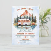 Een gelukkige Camper 1e Verjaardag Camping Party Kaart (Staand voorkant)