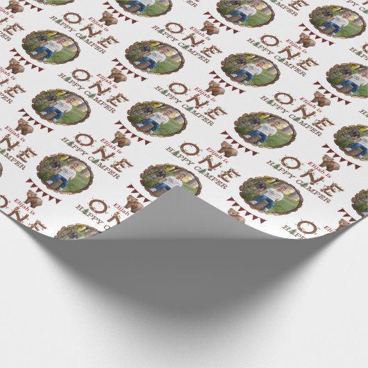 Een gelukkige camper 1e verjaardag foto inpakpapie cadeaupapier (Hoek)