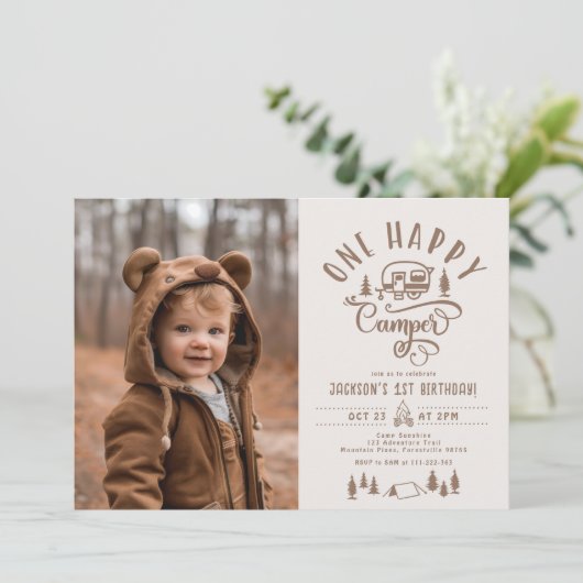 Een gelukkige camper 1e verjaardag foto kaart (Staand voorkant)