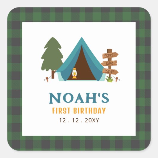 Een gelukkige Camper Boys eerste verjaardag Vierkante Sticker (Voorkant)