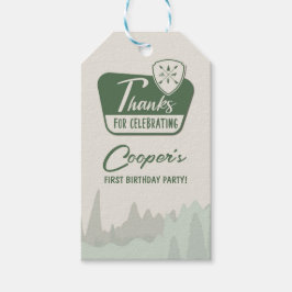 EEN gelukkige camper, een eerste verjaardag, Woodl Cadeaulabel