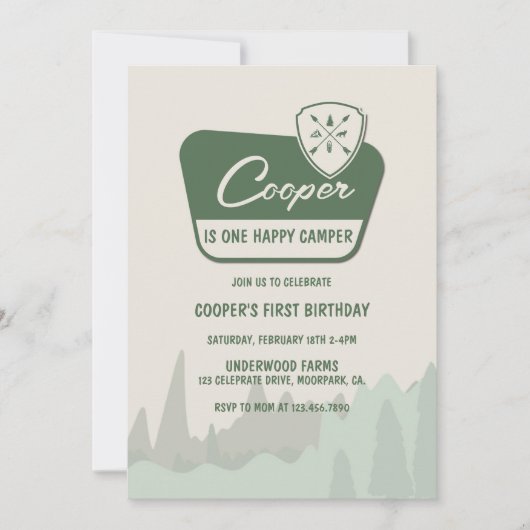 EEN gelukkige camper, een eerste verjaardag, Woodl Kaart (Voorkant)