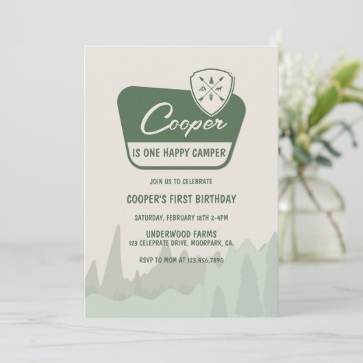 EEN gelukkige camper, een eerste verjaardag, Woodl Kaart (Staand voorkant)