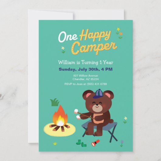 Een gelukkige camper eerste verjaardag nodigt uit kaart (Voorkant)