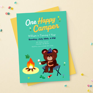 Een gelukkige camper eerste verjaardag nodigt uit kaart