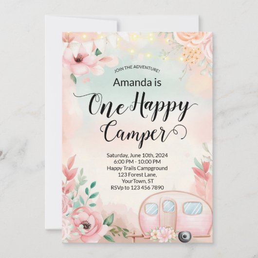 Een gelukkige Camper eerste verjaardag uitnodiging (Voorkant)