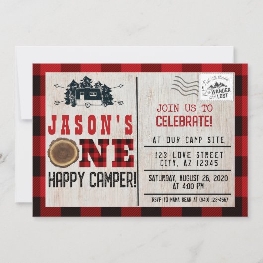 Eén gelukkige Camper Flannel geplakt 1e verjaardag Kaart (Voorkant)