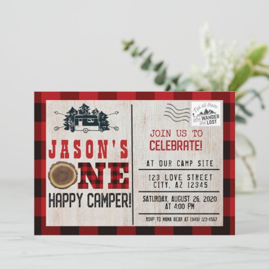 Eén gelukkige Camper Flannel geplakt 1e verjaardag Kaart (Staand voorkant)