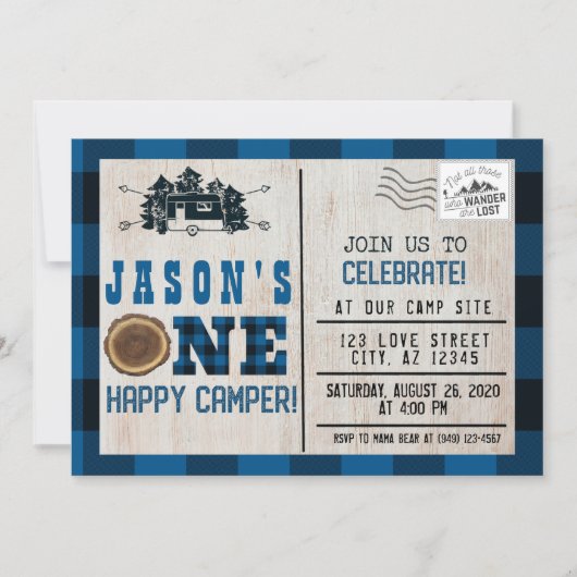 Eén gelukkige Camper Flannel geplakt 1e verjaardag Kaart (Voorkant)