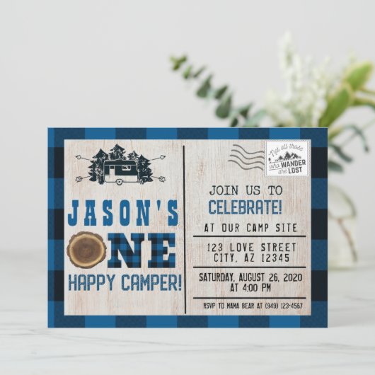 Eén gelukkige Camper Flannel geplakt 1e verjaardag Kaart (Staand voorkant)