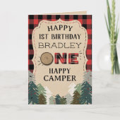 Een Gelukkige Camper Plaid Bos 1e Verjaardag Kaart (Voorkant)