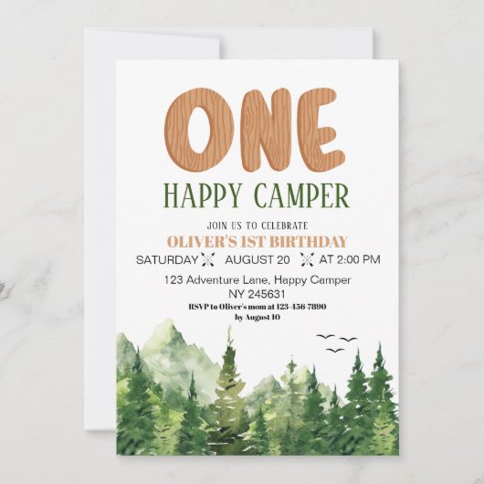 Een gelukkige Camper Rustic Green Forest 1e verjaa Kaart (Voorkant)