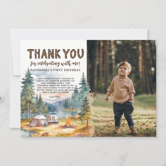 Een Gelukkige Camper Rustieke 1e Verjaardag Bedankkaart (Voorkant)