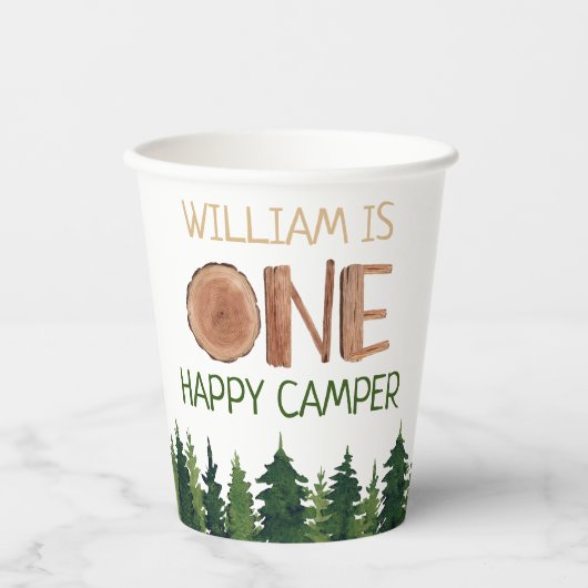 Een gelukkige Camper Rustieke 1e Verjaardag Naam Papieren Bekers (Voorkant)