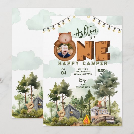 Een gelukkige Camper Verjaardag Uitnodiging met Fo (Voorkant / Achterkant)