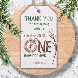 Een gelukkige Camper Woodland 1e verjaardag Cadeaulabel