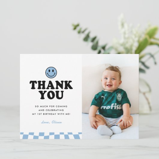 Een Gelukkige Dude Blauwe Gelukkige Foto Jongen 1e Bedankkaart (Staand voorkant)