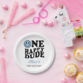 Een Gelukkige Dude Blauwe Retro Gelukkig Gezicht 1 Papieren Bordje (Feest)