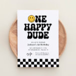 Een gelukkige Dude Checker Gelukkig Gezicht 1e Ver Kaart<br><div class="desc">Nodig vrienden en familie uit om de verjaardag van je kleintje te vieren met deze uitnodiging voor het 'one happy dude' thema.</div>