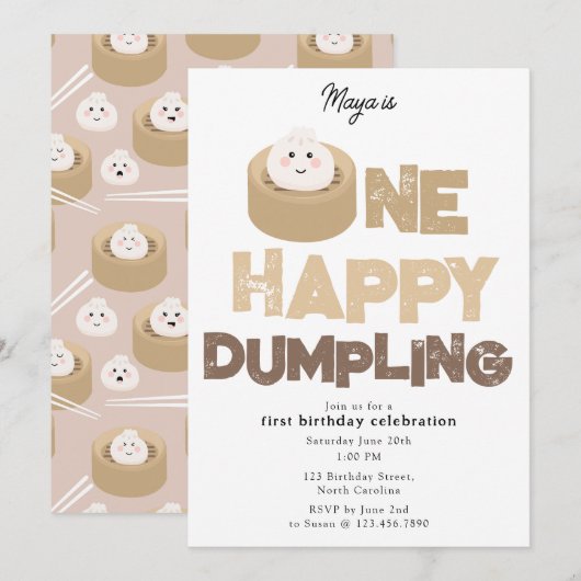 Eén gelukkige dumpling uitnodiging 1e Eerste verj (Voorkant / Achterkant)