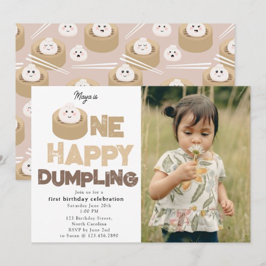 Eén gelukkige dumpling uitnodiging 1e verjaardag f (Voorkant / Achterkant)