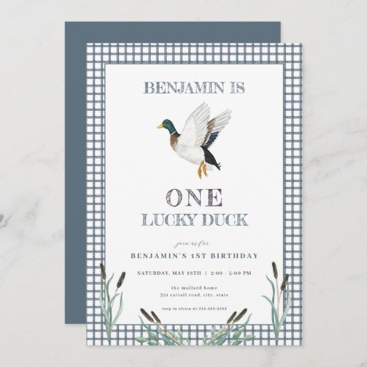 Een gelukkige eend 1e verjaardag uitnodiging (Voorkant / Achterkant)