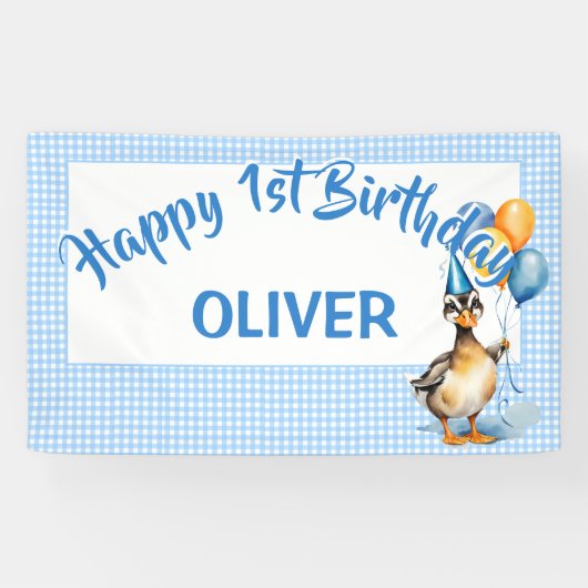 Een gelukkige eend blauwe gingham gelukkige verjaa spandoek (Horizontaal)