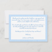 Een gelukkige eend blauwe gingham verjaardag dank bedankkaart (Achterkant)