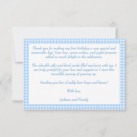 Een gelukkige eend blauwe gingham verjaardag dank bedankkaart (Achterkant)