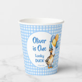 Een gelukkige eend blauwe gingham verjaardag gedru papieren bekers (Achterkant)