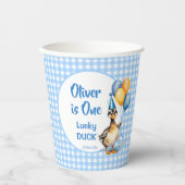 Een gelukkige eend blauwe gingham verjaardag gedru papieren bekers (Voorkant)