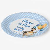 Een gelukkige eend blauwe gingham verjaardag gedru papieren bordje (Gekanteld)
