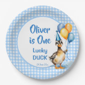 Een gelukkige eend blauwe gingham verjaardag gedru papieren bordje (Voorkant)