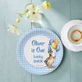 Een gelukkige eend blauwe gingham verjaardag gedru papieren bordje