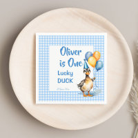 Een gelukkige eend blauwe gingham verjaardag gedru