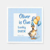 Een gelukkige eend blauwe gingham verjaardag gedru servet (Voorkant)