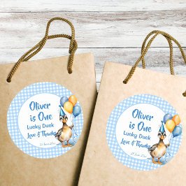 Een gelukkige eend blauwe gingham verjaardag gunst ronde sticker